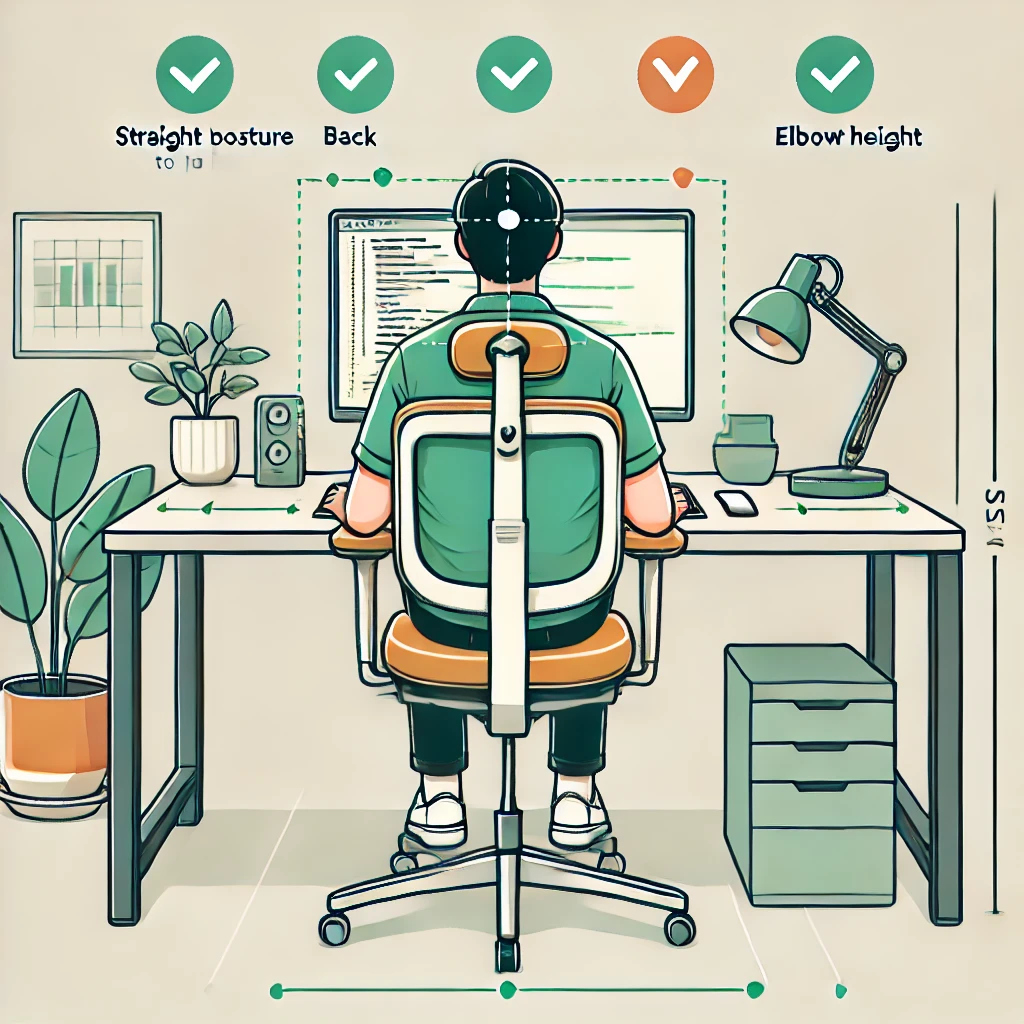 DALL·E 2024 12 19 16.16.28 An illustration of an ergonomic desk setup showing a person sitting correctly in a supportive office chair with armrests. The person has a straight ba